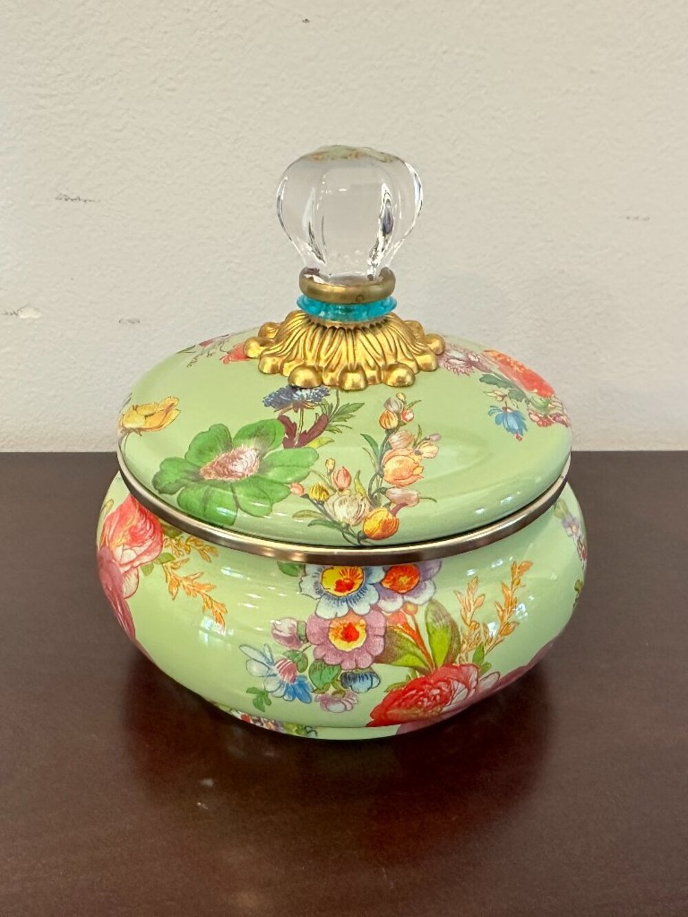 Mackenzie Child Green Flower Market Squashed Enamel Metal Pot Retired Blue Ring